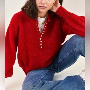 Red Button-Up Women's Sweater
